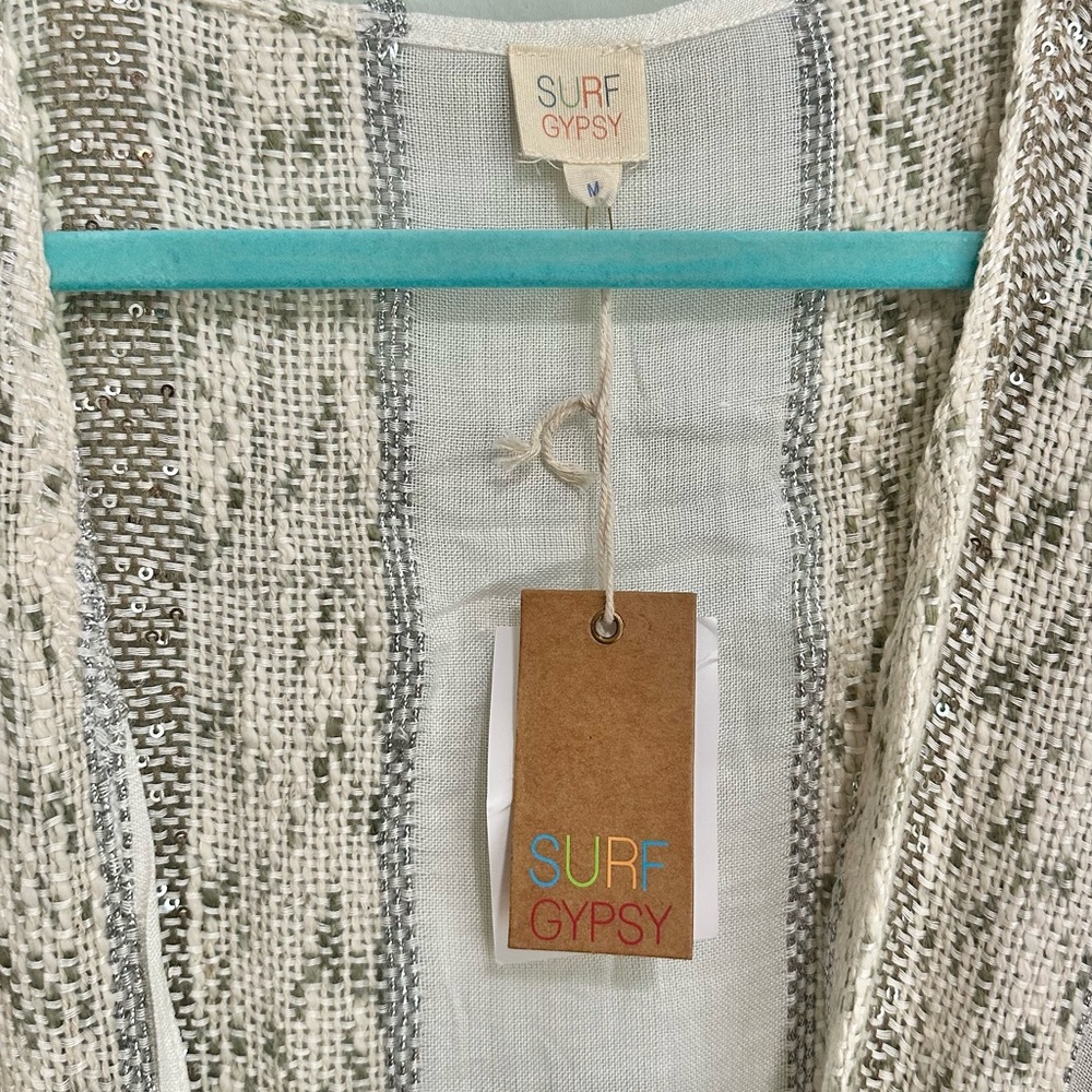 Surf Gypsy White & Silver long Boho kimono, sequin/ bead festival NWT size M - Picture 3 of 4